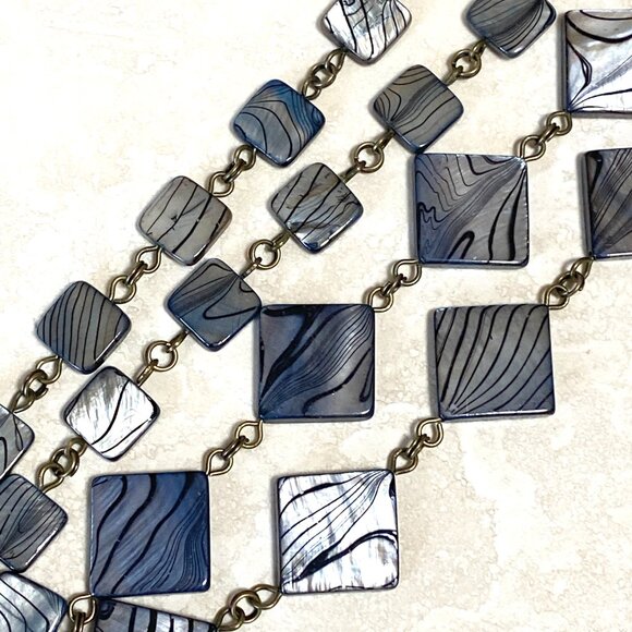 Rainbow Abalone Pendant & Dark Blue Mother of Pearl Bronze Link Long Necklace - Picture 9 of 15